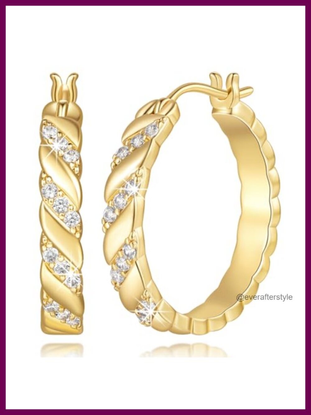 Gold Plated Hoop Earrings 22mm CZ Latch Back Women